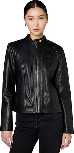 Cole Haan Women's Zip Front Leather Coat Zip Front, Fully Lined, Leather, 21 In Length, Daily Wear, Vacation