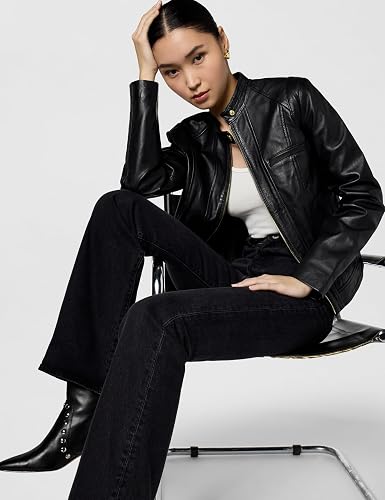 Cole Haan Women's Zip Front Leather Coat Zip Front, Fully Lined, Leather, 21 In Length, Daily Wear, Vacation